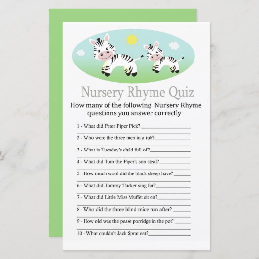 Zebra Nursery Rhyme Quiz baby shower game (Voorkant / Achterkant)