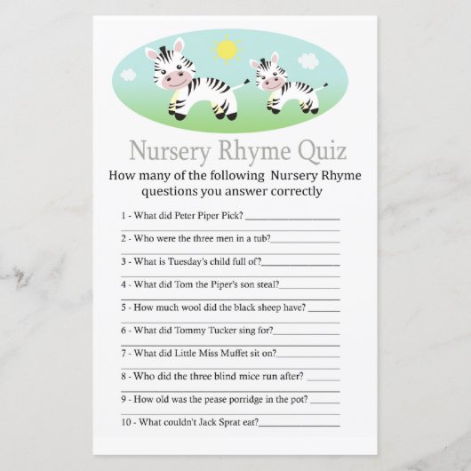 Zebra Nursery Rhyme Quiz baby shower game (Voorkant)