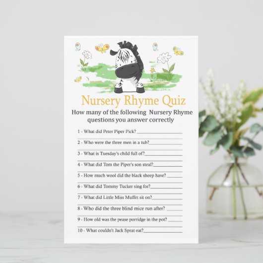 Zebra Nursery Rhyme Quiz baby shower game (Staand voorkant)