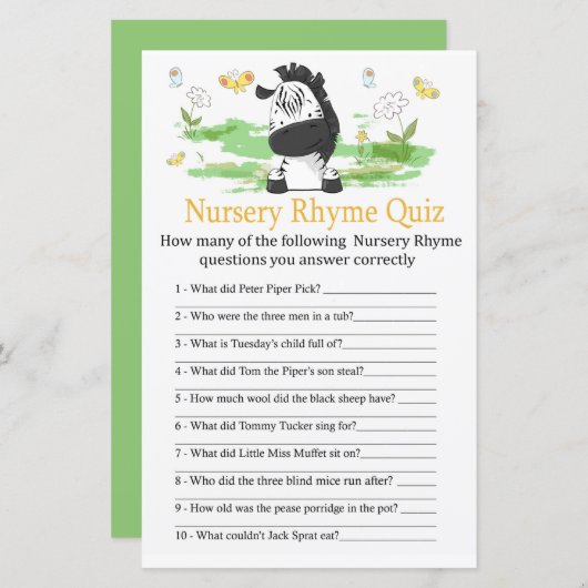 Zebra Nursery Rhyme Quiz baby shower game (Voorkant / Achterkant)