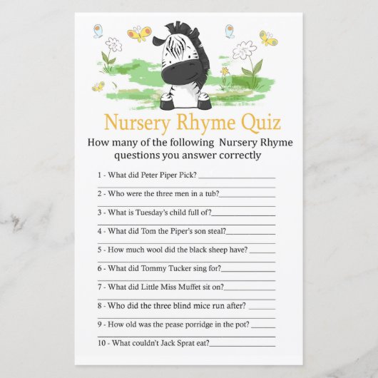 Zebra Nursery Rhyme Quiz baby shower game (Voorkant)
