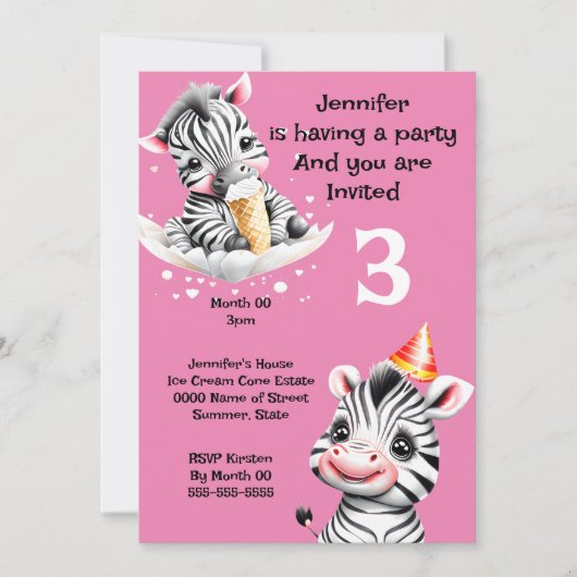 Zebra oerwoud safari party wilde dieren roze kaart (Voorkant)