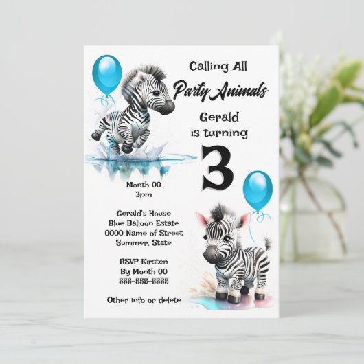 Zebra oerwoud safari thema jongens verjaardagsblau kaart (Staand voorkant)