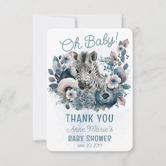 Zebra Oh Baby Blue Floral Baby shower Bedankkaart (Voorkant)