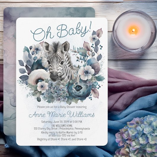 Zebra Oh Baby Blue Floral Baby shower Kaart
