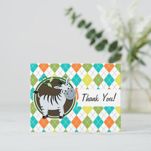 Zebra on Colorful Argyle Pattern Briefkaart (Staand voorkant)
