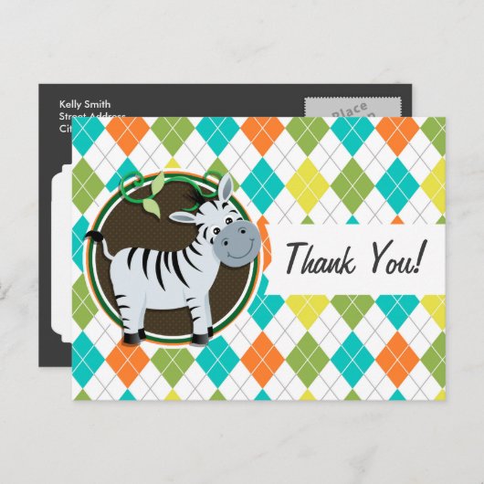 Zebra on Colorful Argyle Pattern Briefkaart (Voorkant / Achterkant)