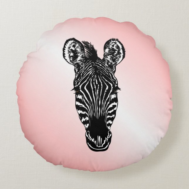Zebra op roze rond kussen (Voorkant)