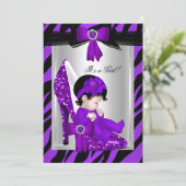 Zebra Paars Baby shower op hoog niveau Brunette Gi Kaart (Staand voorkant)