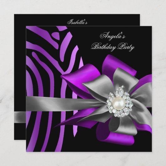 Zebra Paars Black Silver Bow Pearl Birthday 2 Kaart (Voorkant / Achterkant)