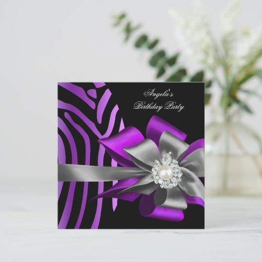 Zebra Paars Black Silver Bow Pearl Birthday 2 Kaart (Staand voorkant)