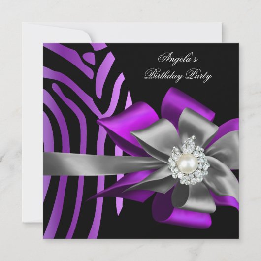 Zebra Paars Black Silver Bow Pearl Birthday 2 Kaart (Voorkant)