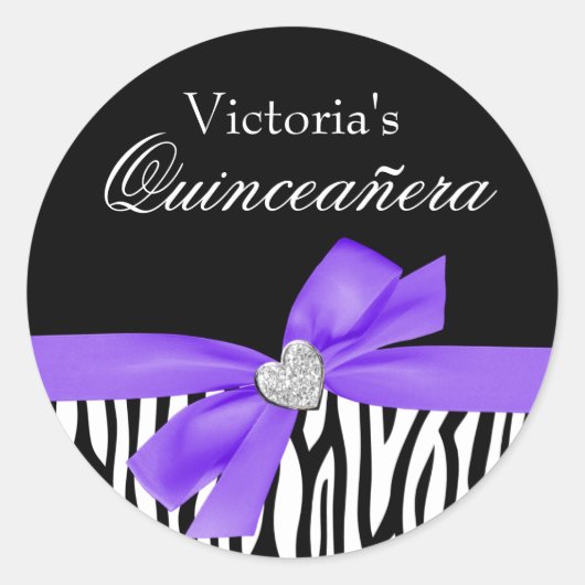 Zebra Paarse Boog Diamant Quinceanera Ronde Sticker (Voorkant)