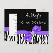 Zebra Paarse Bow Diamond Sweet 16 Uitnodigingen (Voorkant / Achterkant)