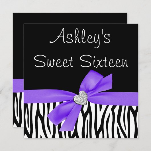 Zebra Paarse Bow Diamond Sweet 16 Uitnodigingen (Voorkant / Achterkant)