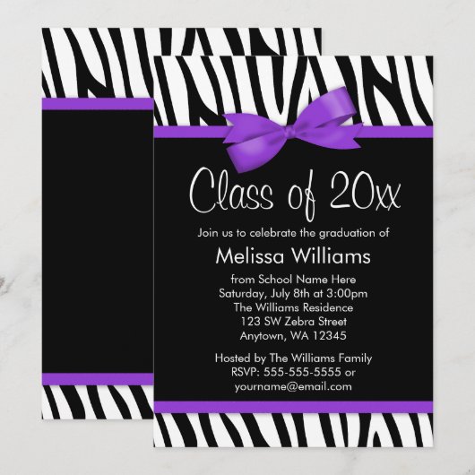 Zebra Paarse Bow Graduation Party Kaart (Voorkant / Achterkant)