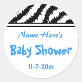 Zebra Pattern Baby shower. Blauw, zwart en wit. Ronde Sticker (Voorkant)