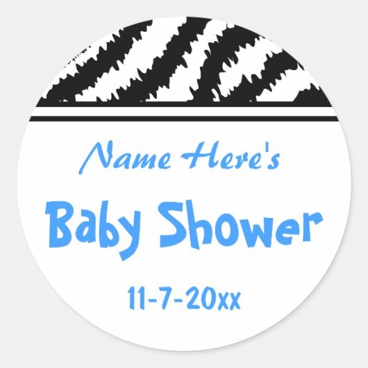 Zebra Pattern Baby shower. Blauw, zwart en wit. Ronde Sticker (Voorkant)