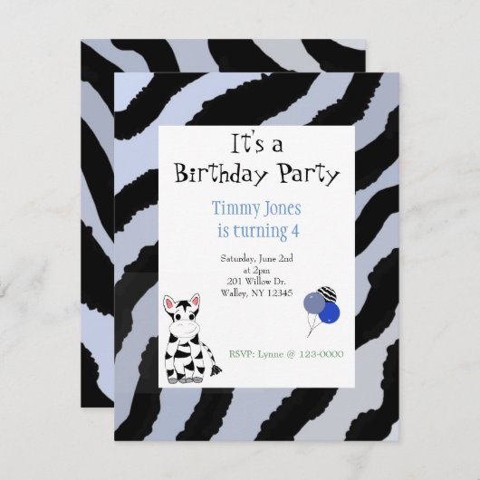 Zebra Pattern Birthday Invitation Kaart (Voorkant / Achterkant)