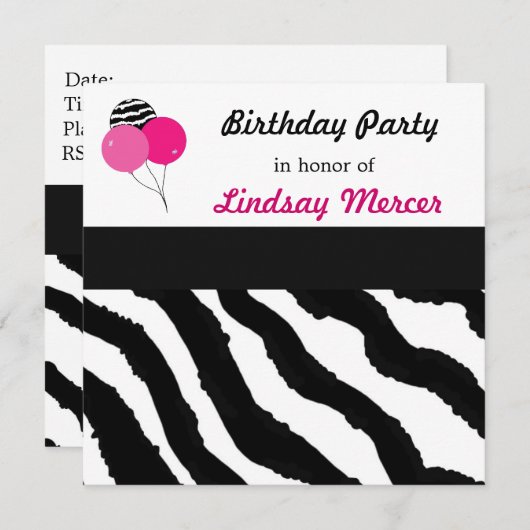 Zebra Pattern Birthday Invitation Kaart (Voorkant / Achterkant)