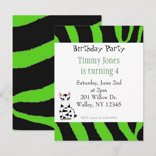 Zebra Pattern Birthday Invitation Kaart (Voorkant / Achterkant)