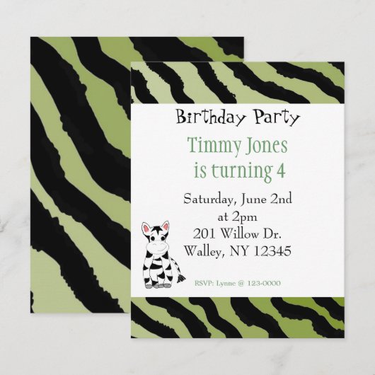 Zebra Pattern Birthday Invitation Kaart (Voorkant / Achterkant)
