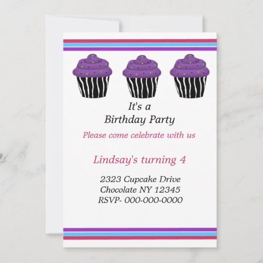Zebra Pattern Cupcakes Birthday Party Invitation Kaart (Voorkant)