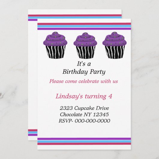 Zebra Pattern Cupcakes Birthday Party Invitation Kaart (Voorkant / Achterkant)