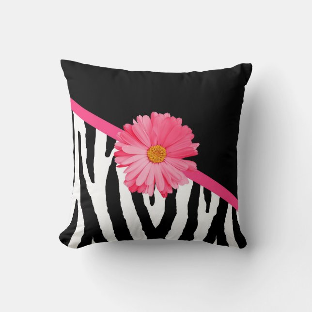 Zebra Pattern Girly Pink Daisy Kussen (Voorkant)