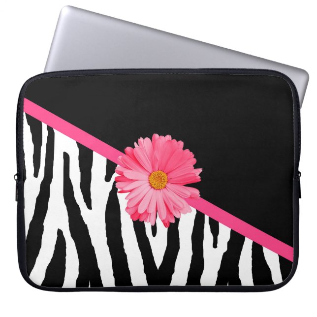 Zebra Pattern Girly Pink Daisy Laptop Sleeve (Voorkant)