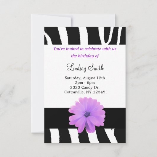 Zebra Pattern met Flower Birthday Invitation Kaart (Voorkant)