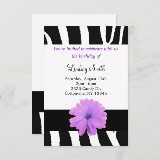 Zebra Pattern met Flower Birthday Invitation Kaart (Voorkant / Achterkant)