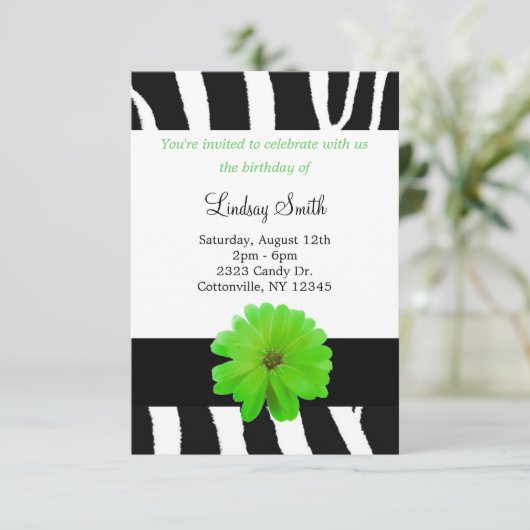 Zebra Pattern met Flower Birthday Invitation Kaart (Staand voorkant)
