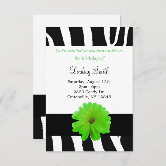 Zebra Pattern met Flower Birthday Invitation Kaart (Voorkant / Achterkant)