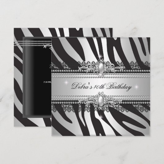 Zebra Pearl Black Silver White 40th Birthday Party Kaart (Voorkant / Achterkant)