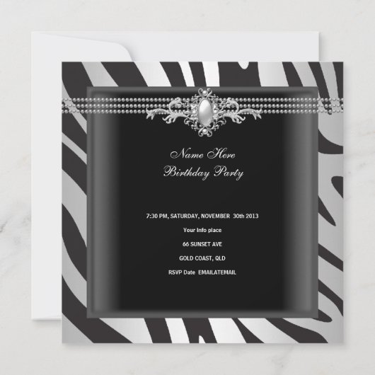 Zebra Pearl Black Silver White 40th Birthday Party Kaart (Achterkant)