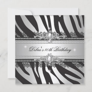 Zebra Pearl Black Silver White 40th Birthday Party Kaart
