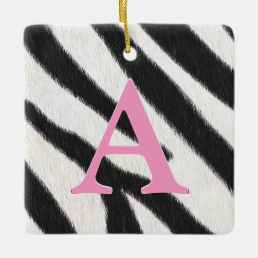 Zebra Persoonlijk Monogram & Berichtroze Keramisch Ornament (Voorkant)