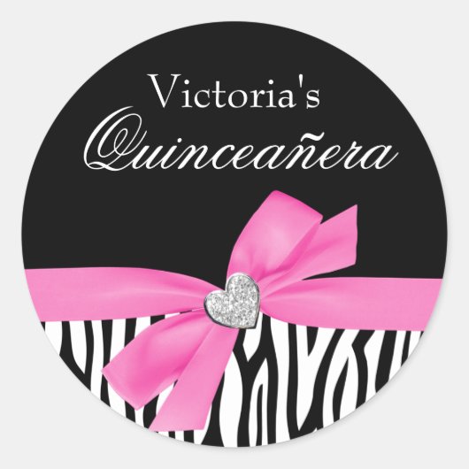 Zebra Pink Bow Diamond Quinceanera Ronde Sticker (Voorkant)