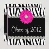 Zebra Pink Daisy Faux Pareltjes Afstuderen Aankond Kaart (Voorkant / Achterkant)