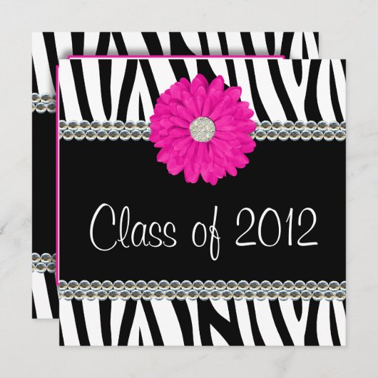 Zebra Pink Daisy Faux Pareltjes Afstuderen Aankond Kaart (Voorkant / Achterkant)