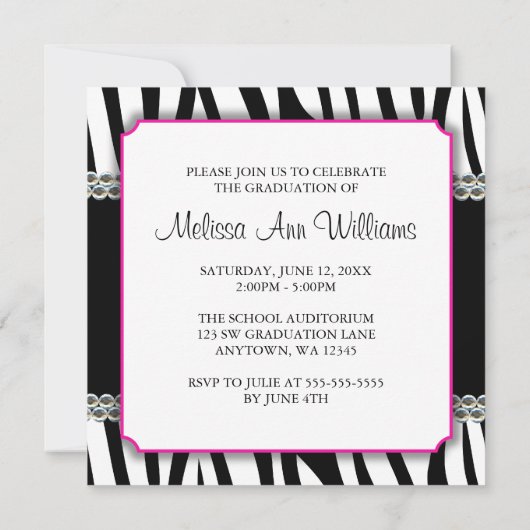 Zebra Pink Daisy Faux Pareltjes Afstuderen Aankond Kaart (Achterkant)