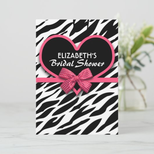 zebra Pink Heart Bruids Douche Uitnodigingen (Staand voorkant)