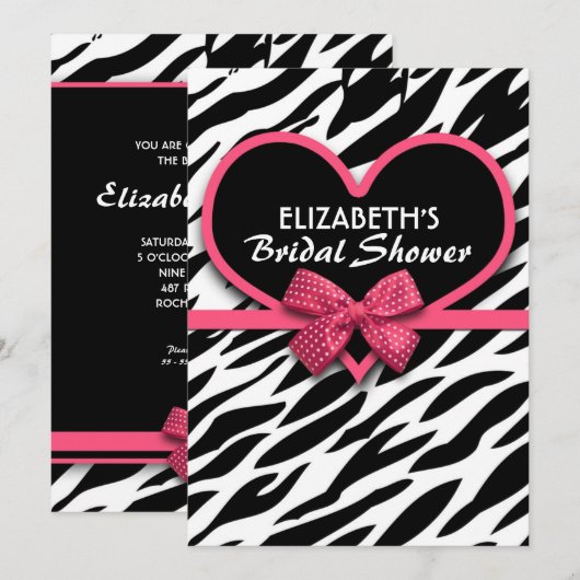 zebra Pink Heart Bruids Douche Uitnodigingen (Voorkant / Achterkant)