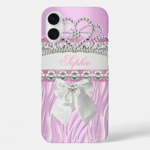 Zebra Pink Princess Tiara Diamond Girly iPhone 16 Plus Hoesje