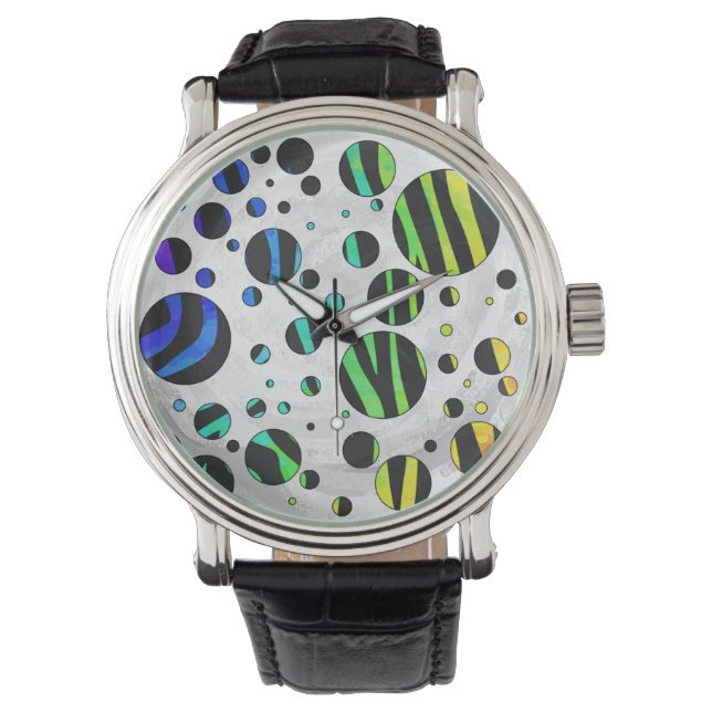 Zebra Polka Dot Black en Rainbow Print Horloge (Voorkant)