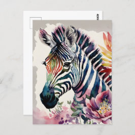 Zebra Portret Bloemen Waterverf Kunst Briefkaart