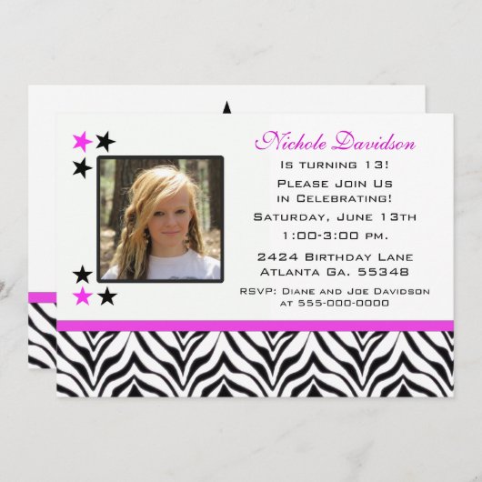 Zebra Print: 13e verjaardag van uitnodigingen (Voorkant / Achterkant)