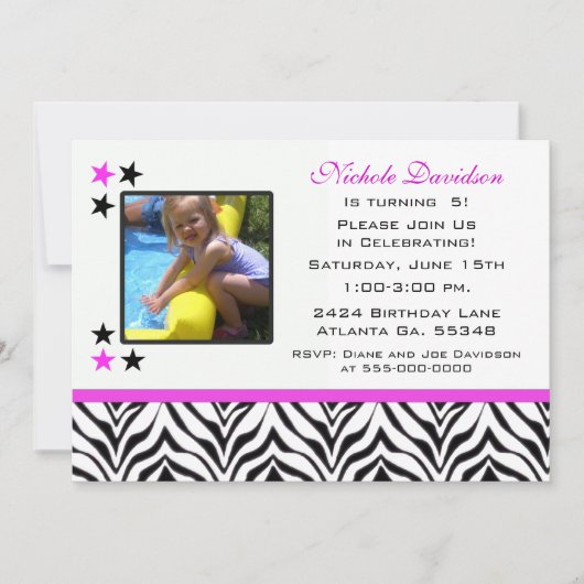 Zebra Print: 5e verjaardag van de uitnodigingen va (Voorkant)