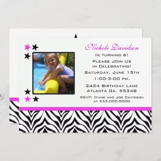 Zebra Print: 6e verjaardag van de uitnodigingen va (Voorkant / Achterkant)